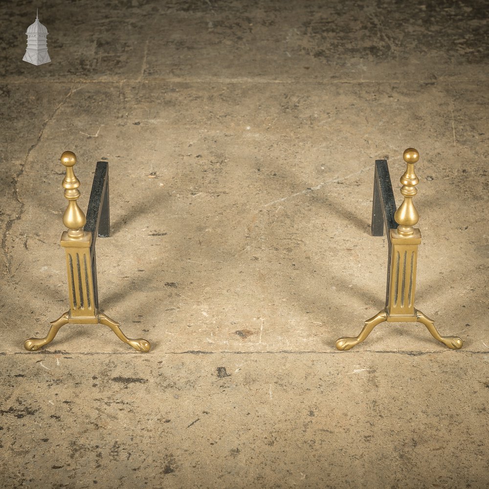 Fire Dog Andirons, Brass Pair with Fluted Details