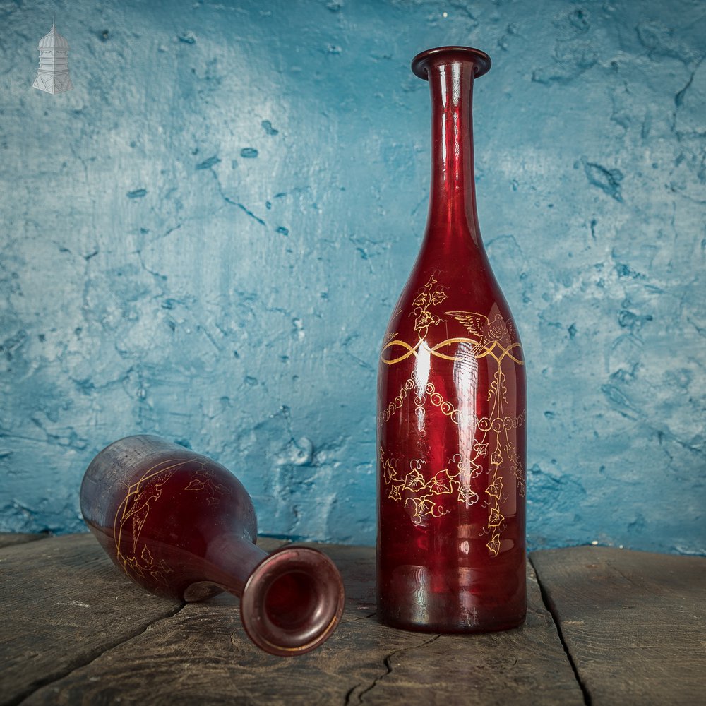 Bohemian Ruby Decanters, Etched Flashed Ruby Red Glass Decorated with Grapes and Vines, 19th C