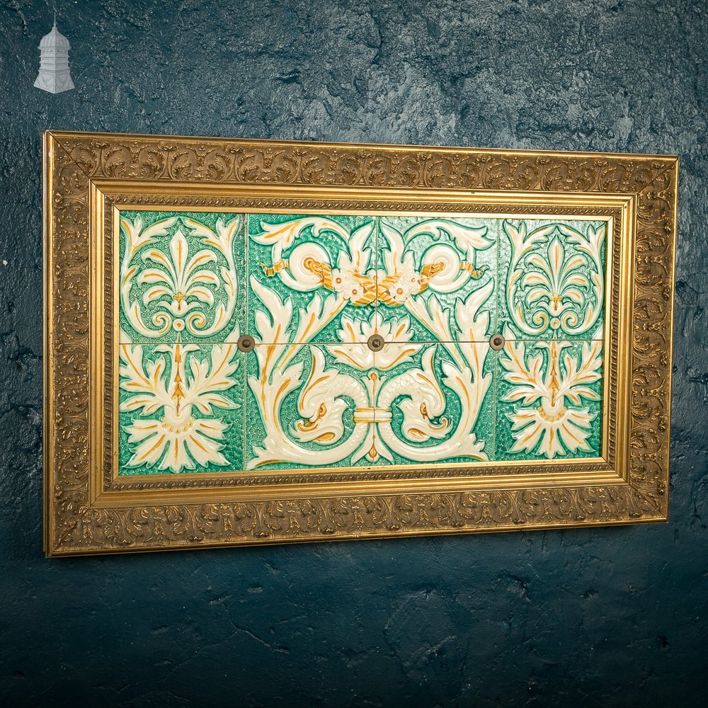 Set of 8 Glazed Decorative Tiles from a Sainsburys Food Hall Mounted in Later Gold Frame