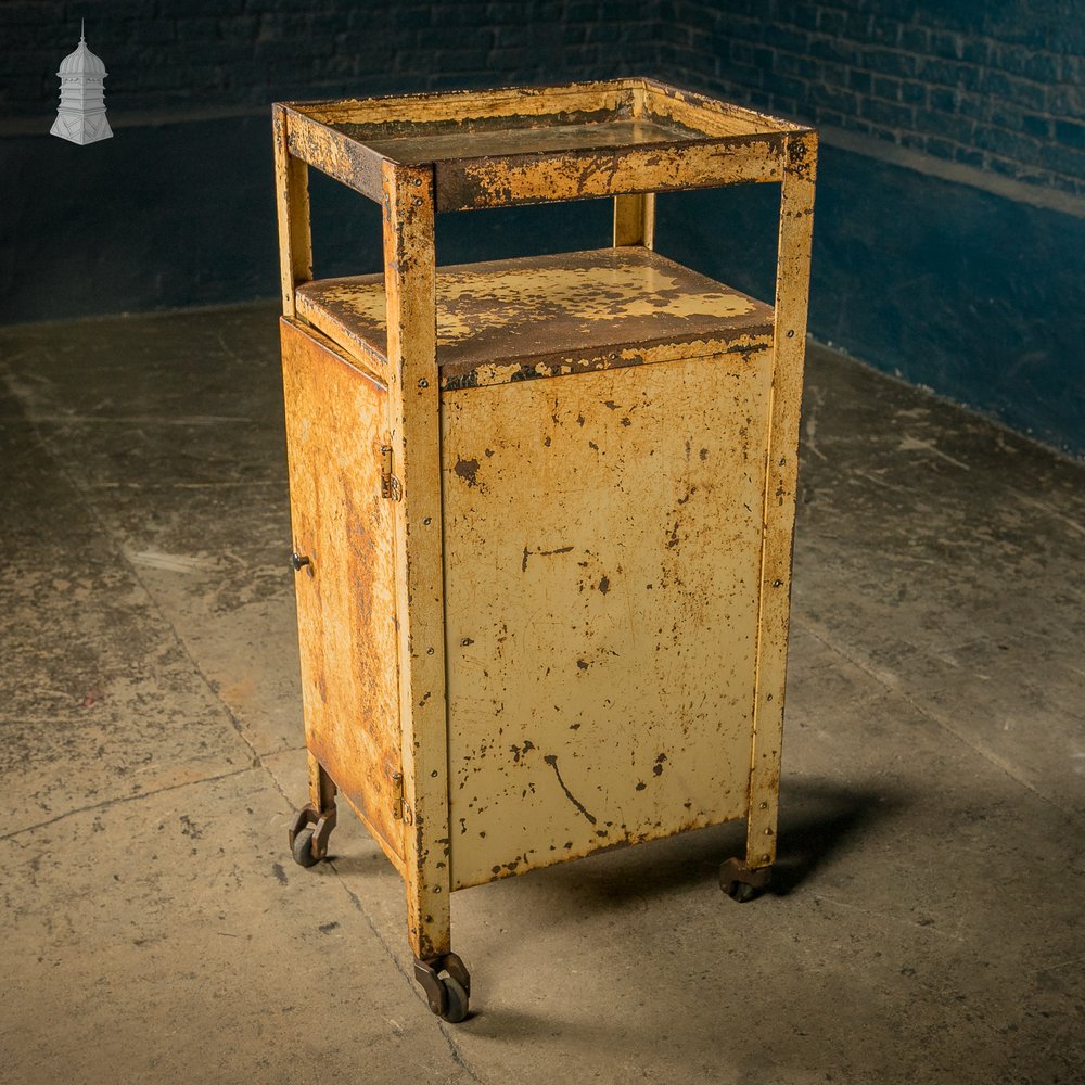 Industrial Wheeled Cabinet, Steel with Distressed Yellow Painted Finish