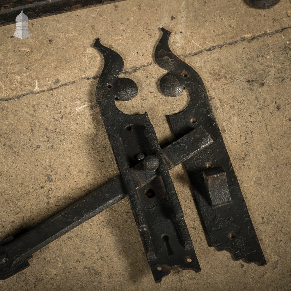 Gate Hinges, 19th C Gothic Style Long, Wrought Iron Set of 4 with Matching Shoot Bolt and Latch