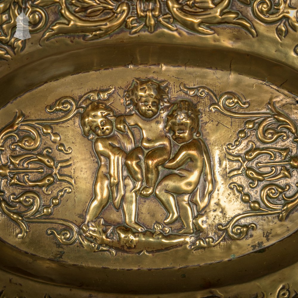 Brass Charger Plate, 18th C French, Oval with Embossed Detail Depicting Cherubs