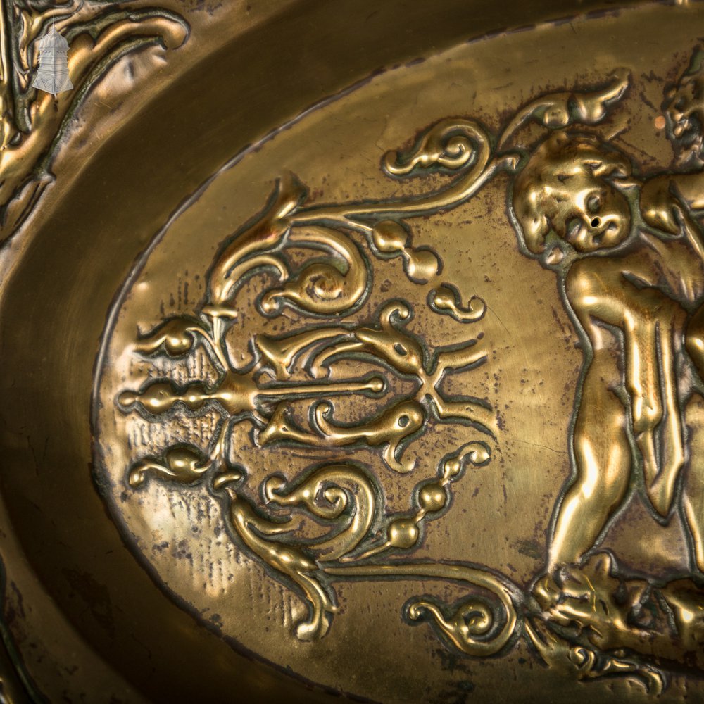 Brass Charger Plate, 18th C French, Oval with Embossed Detail Depicting Cherubs