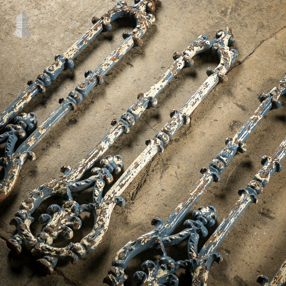 Batch of 7 Victorian Cast Iron Balustrade Elements With Distressed Blue Painted Finish