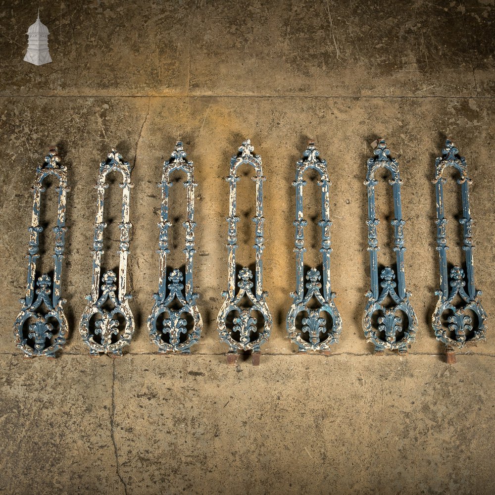 Batch of 7 Victorian Cast Iron Balustrade Elements With Distressed Blue Painted Finish