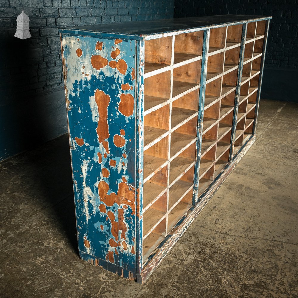 Industrial Pigeon Hole Shelf Unit with Distressed Blue Painted Finish