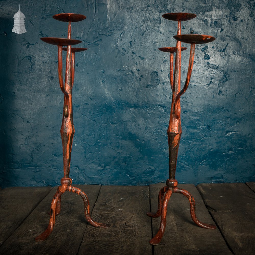 Three Arm Candelabras, Cast Ion with Custom ‘NARC Studio’ Painted Finish, Pair