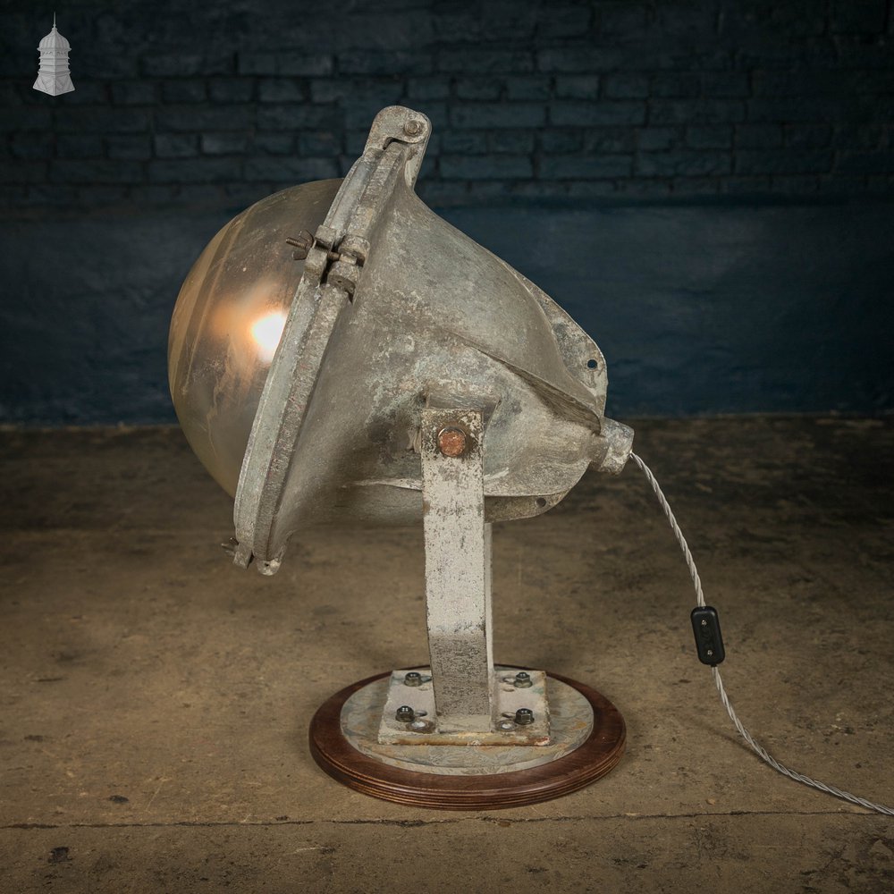 Trawler Search Light, Industrial Galvanised Spot Light Mounted on Wooden Base