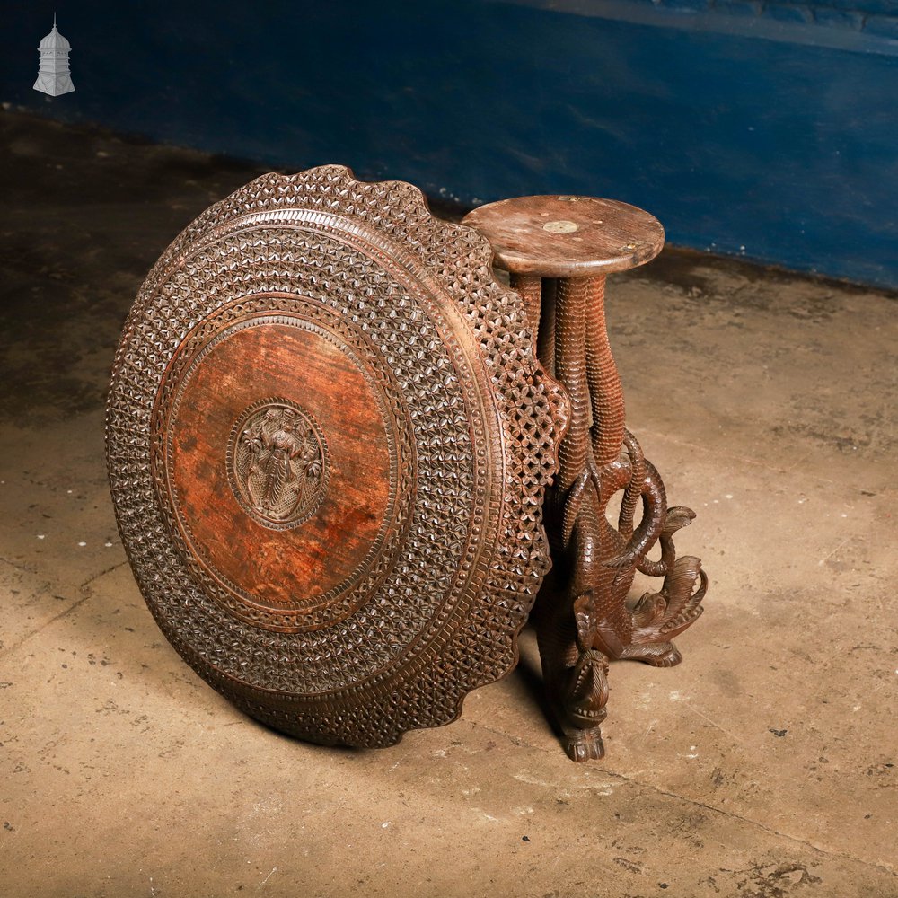 Carved Burmese Side Table, Serpent Base with Pierced Floral Circular Top
