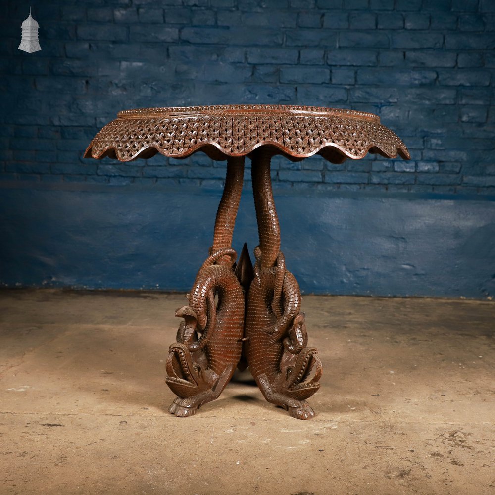Carved Burmese Side Table, Serpent Base with Pierced Floral Circular Top