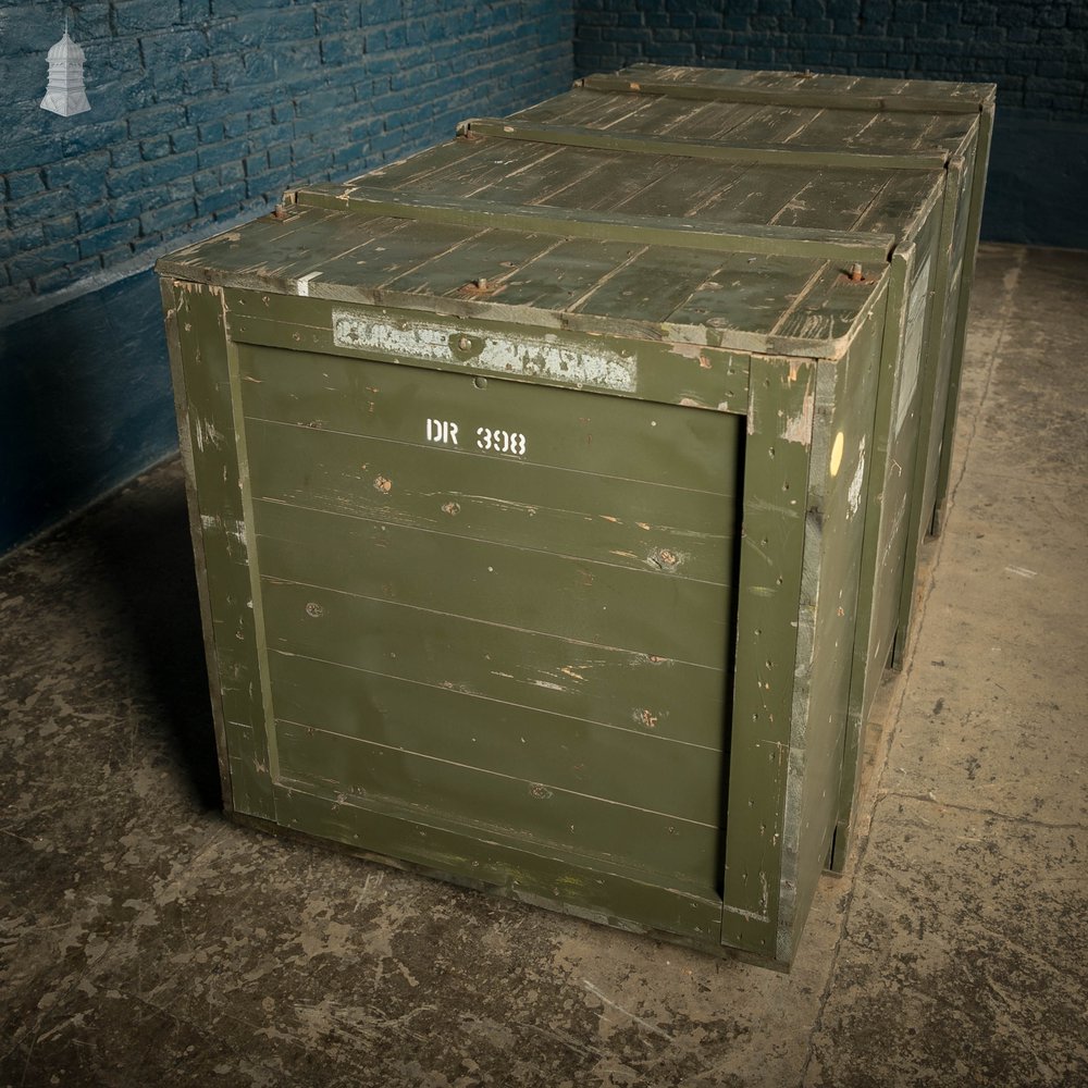 Military Shipping Crates, Pair of Green painted Wooden Aircraft Part Shipping Boxes Reclaimed from a Norfolk RAF Base