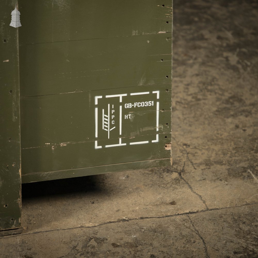 Military Shipping Crates, Pair of Green painted Wooden Aircraft Part Shipping Boxes Reclaimed from a Norfolk RAF Base