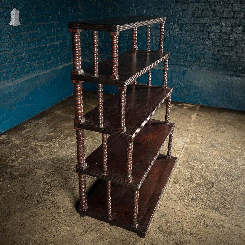 Multi-Tier Bobbin Waterfall Shelving Bookcase, 19th C Anglo Indian Ebonised Rosewood