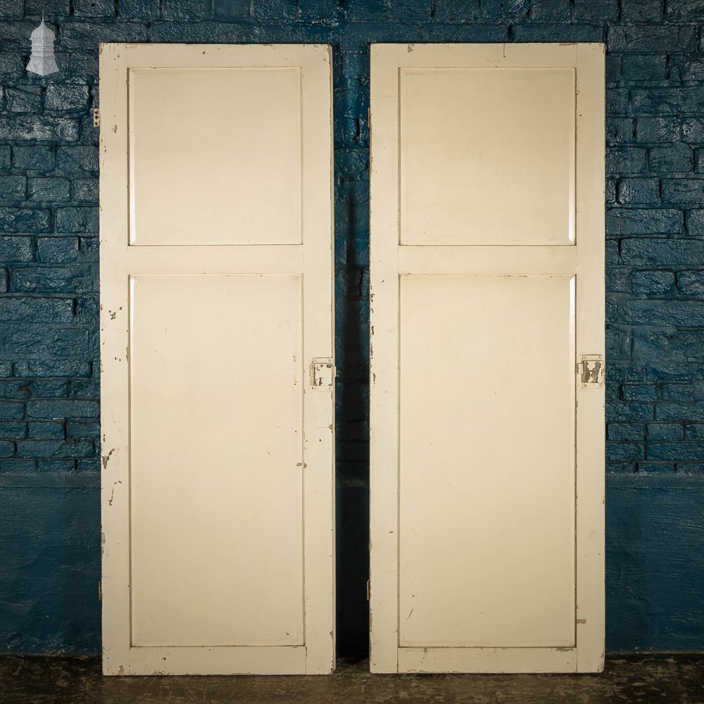 Pine Panelled Doors, Pair of 19th C 2 Panel White Painted Cupboard Doors