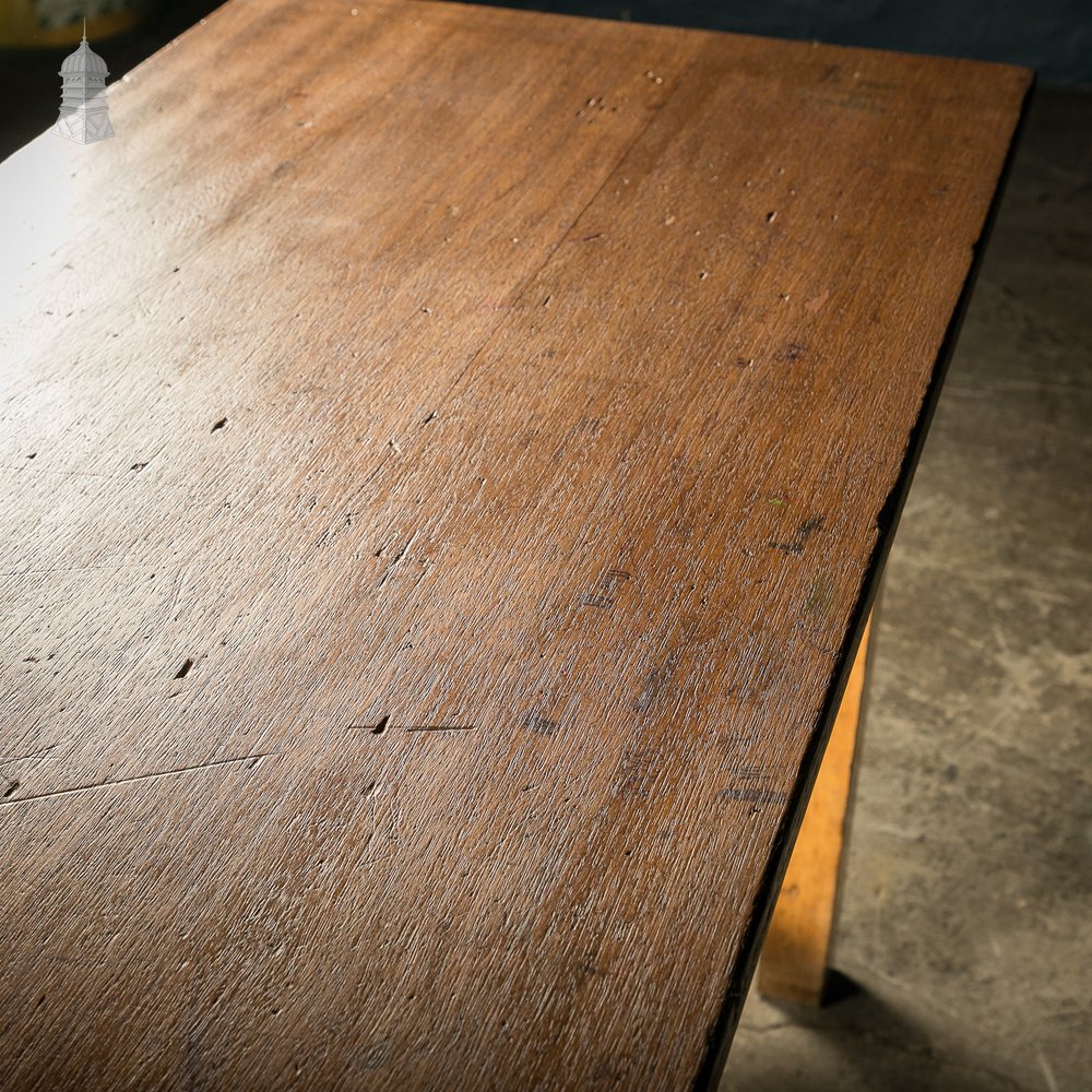School Workbench Table, Mid Century Beech H stretcher base with Iroko top
