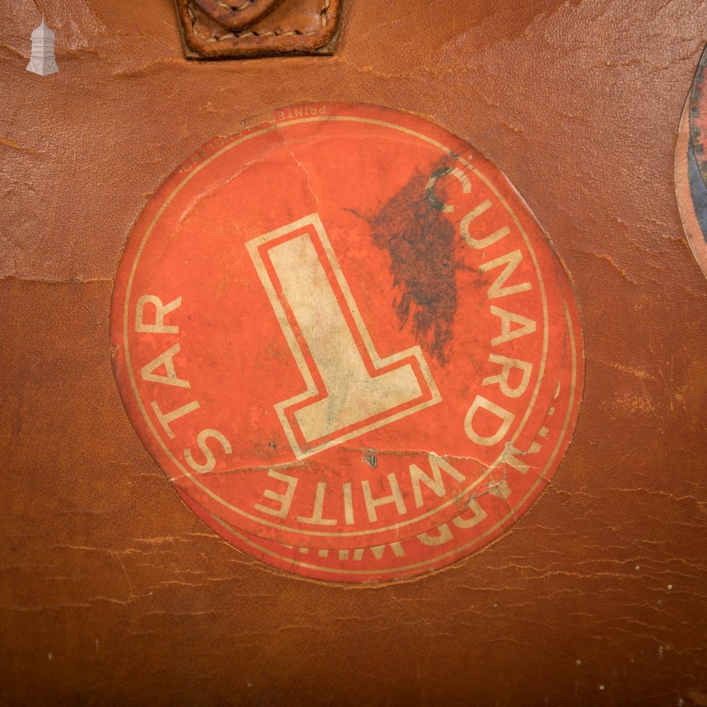 Vintage Leather Suitcase, Original Cunard White Star Line Travel Stickers