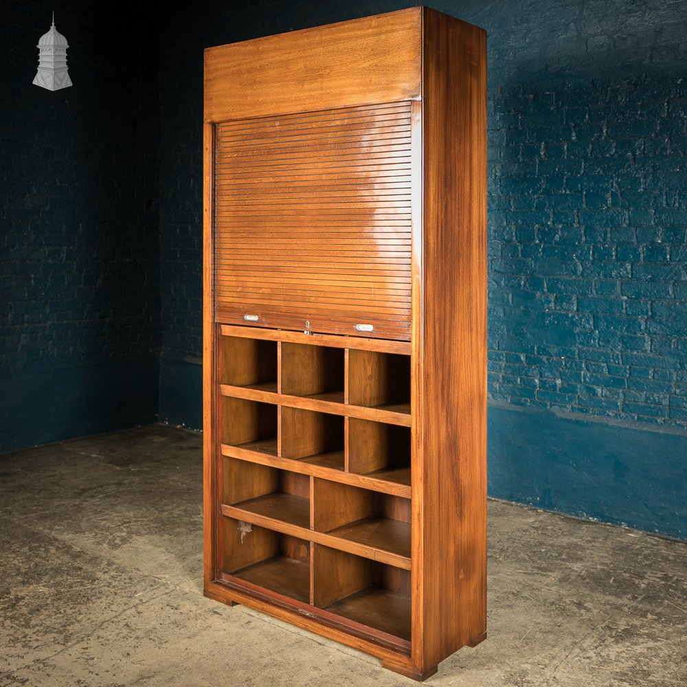 Tambour Front Cabinet, Mahogany and Oak Construction with internal pigeonhole shelving from a liner.