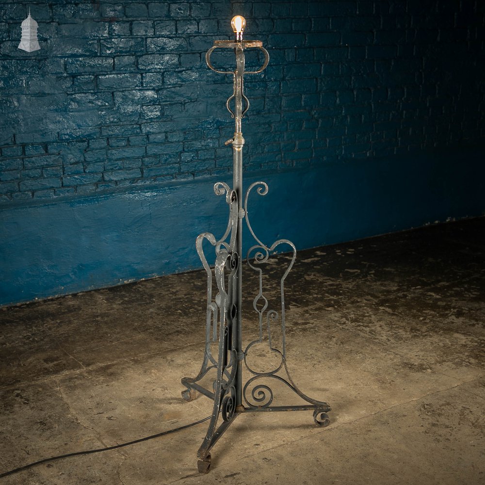 Wrought Iron Lamp Base, 19th C Adjustable Standard Lamp, Black Painted Finish