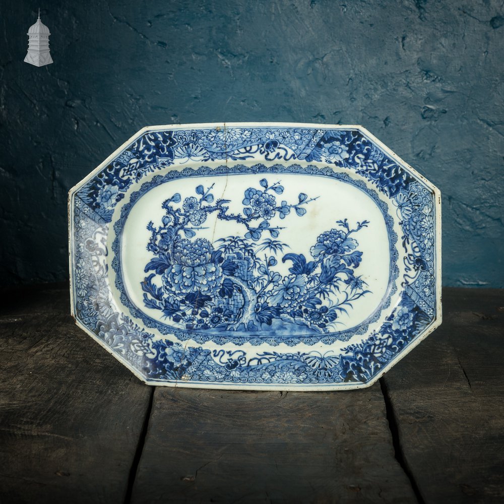 Octagonal Oriental Plate with White and Blue Floral Landscape Design Possibly Qianlong period 18th C
