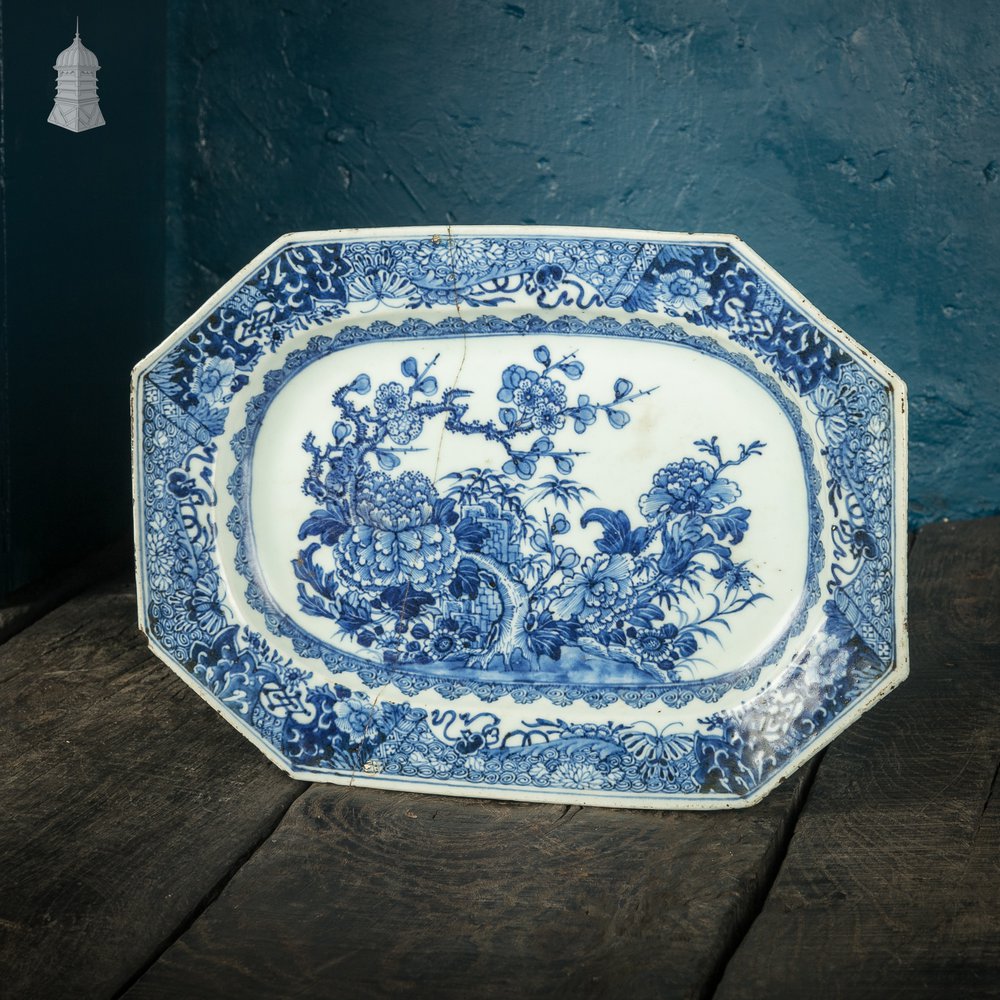 Octagonal Oriental Plate with White and Blue Floral Landscape Design Possibly Qianlong period 18th C