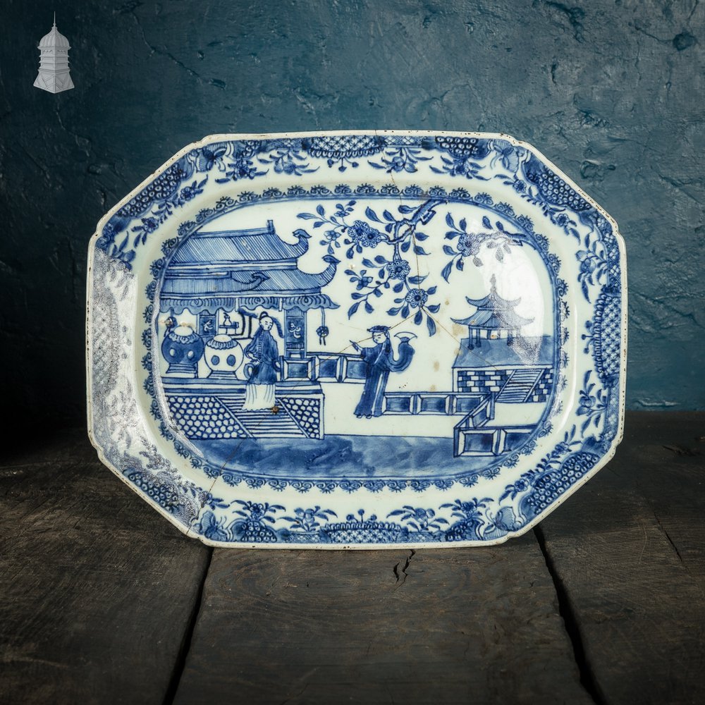 Octagonal Oriental Plate with White and Blue landscape with figures design possibly Qianlong period 18th C
