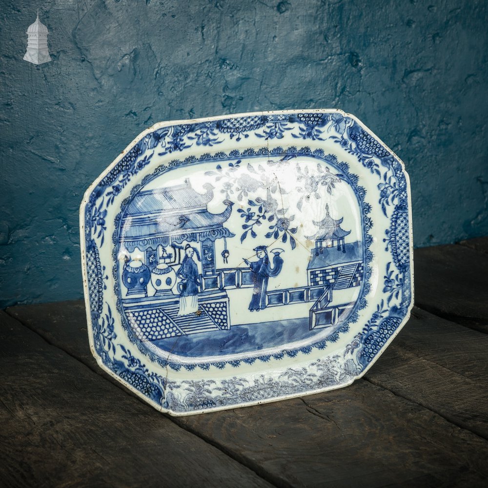 Octagonal Oriental Plate with White and Blue landscape with figures design possibly Qianlong period 18th C