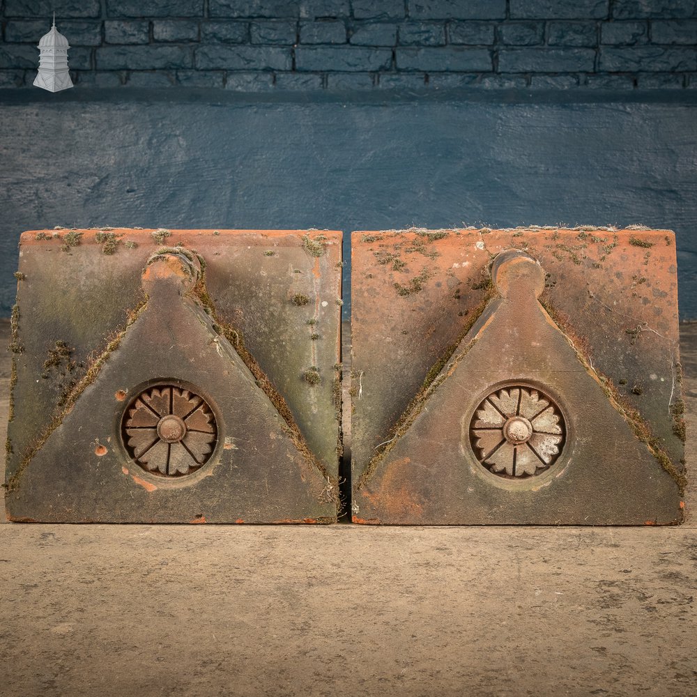 Parapet Coping Bricks, Decorative Rose Detail, 19th C Weathered Red Clay, Pair