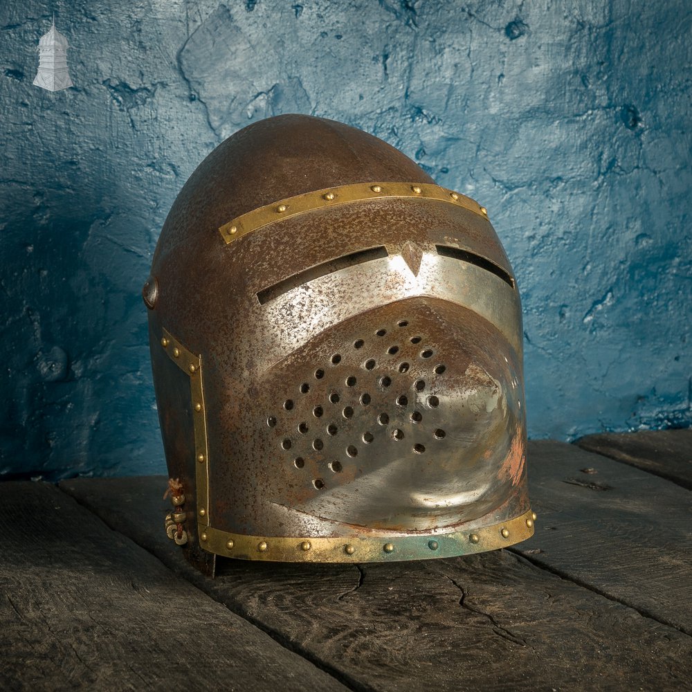 ‘Pig-face’ Bascinet Replica Knights Helmet, Steel and Brass