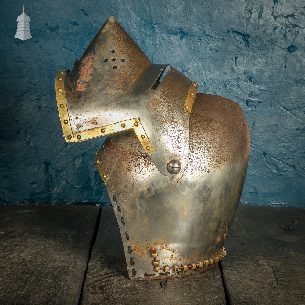 ‘Pig-face’ Bascinet Replica Knights Helmet, Steel and Brass