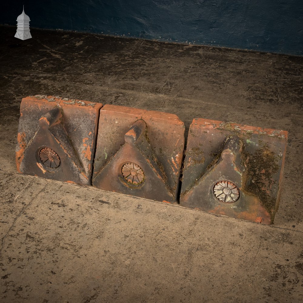 Parapet Coping Bricks, Decorative Rose Detail, 19th C Weathered Red Clay, Set of Three