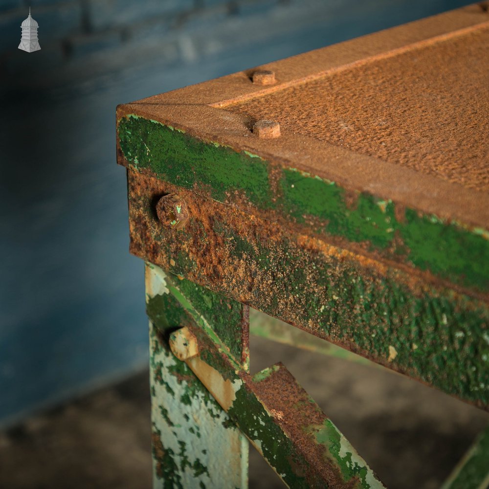 Industrial Machine Base, Steel Workshop Table with Distressed Rusty Green Paint Finish