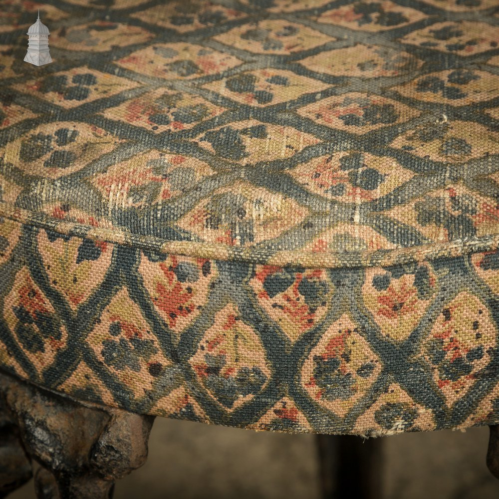 Round Foot Stool, 19th C Cast Iron base with Upholstered Top