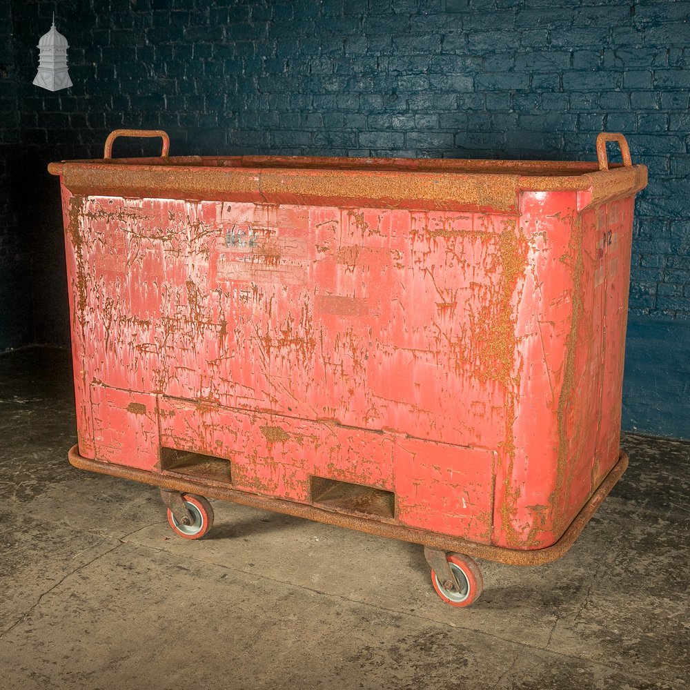 Wheeled Industrial Cart, Rusty Distressed Red Painted Steel, Factory Skip