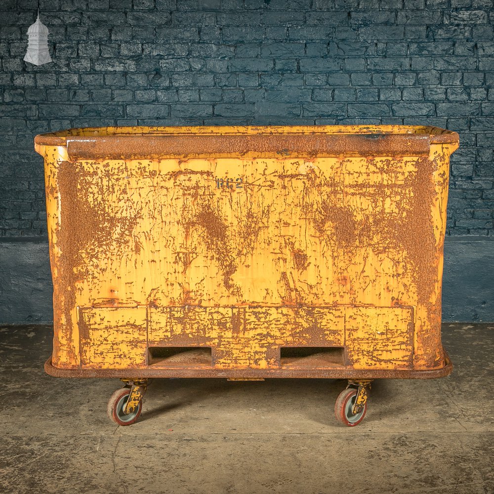 Wheeled Industrial Cart, Rusty Distressed Yellow Painted Steel, Factory Skip