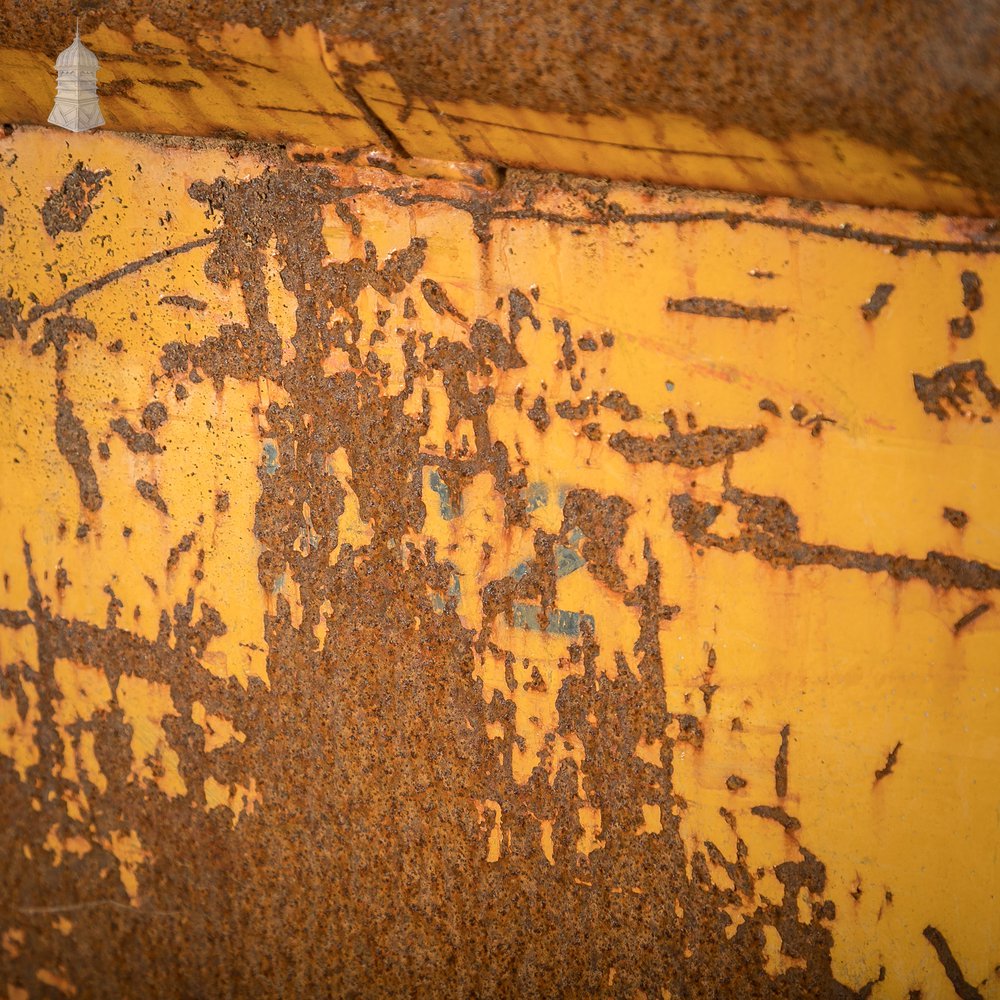 Wheeled Industrial Cart, Rusty Distressed Yellow Painted Steel, Factory Skip