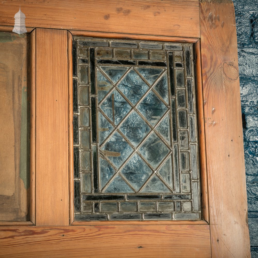 Pitch Pine Paneled Door with Leaded Glass Window, Victorian