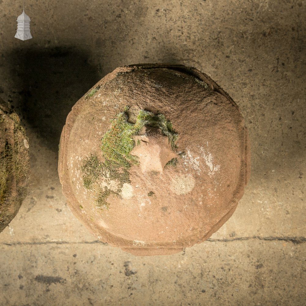 Orb Pier Cap Finials, 18th C Carved Sandstone Balls, Pair