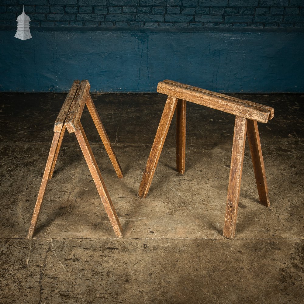 Trestle Coffin Stands, 19th C Distressed Pine Finish, Pair