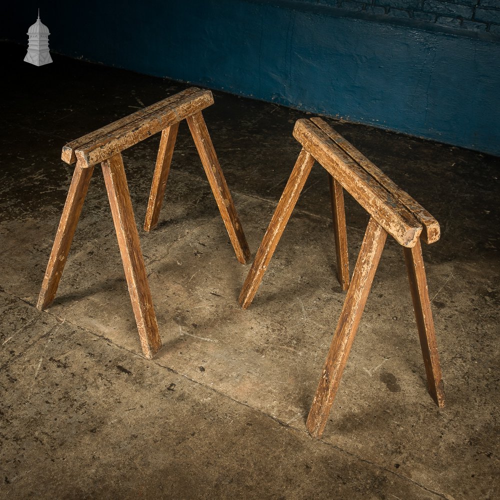 Trestle Coffin Stands, 19th C Distressed Pine Finish, Pair
