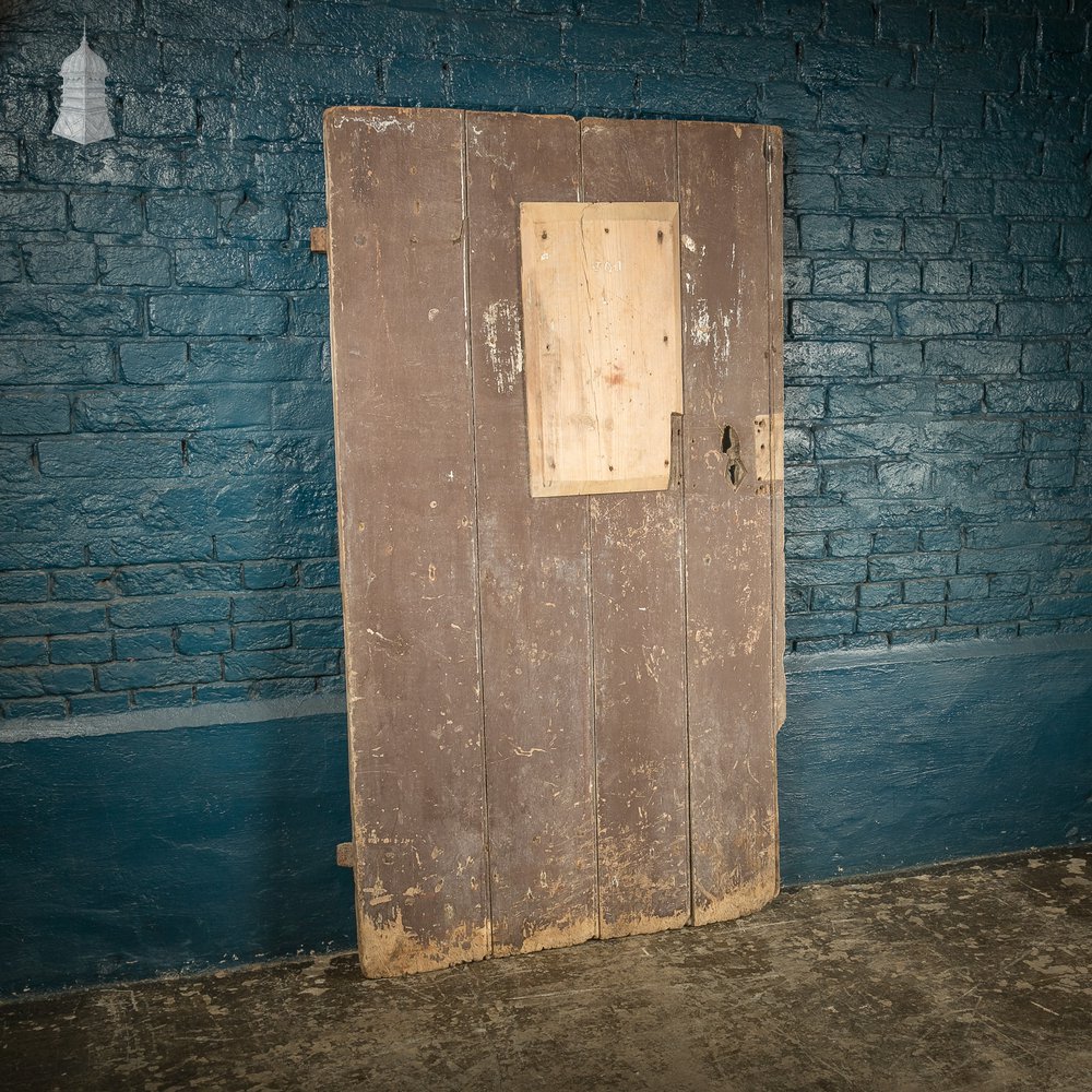 Hardwood Barn Door, 18th C Braced and Ledged with Period Repair and Distressed Brown Paint Finish