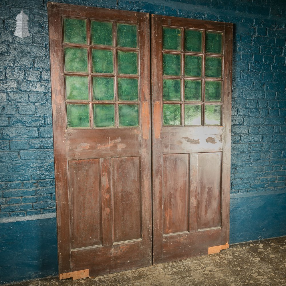 Glazed Double Doors, 19th C Pine with Green Glass