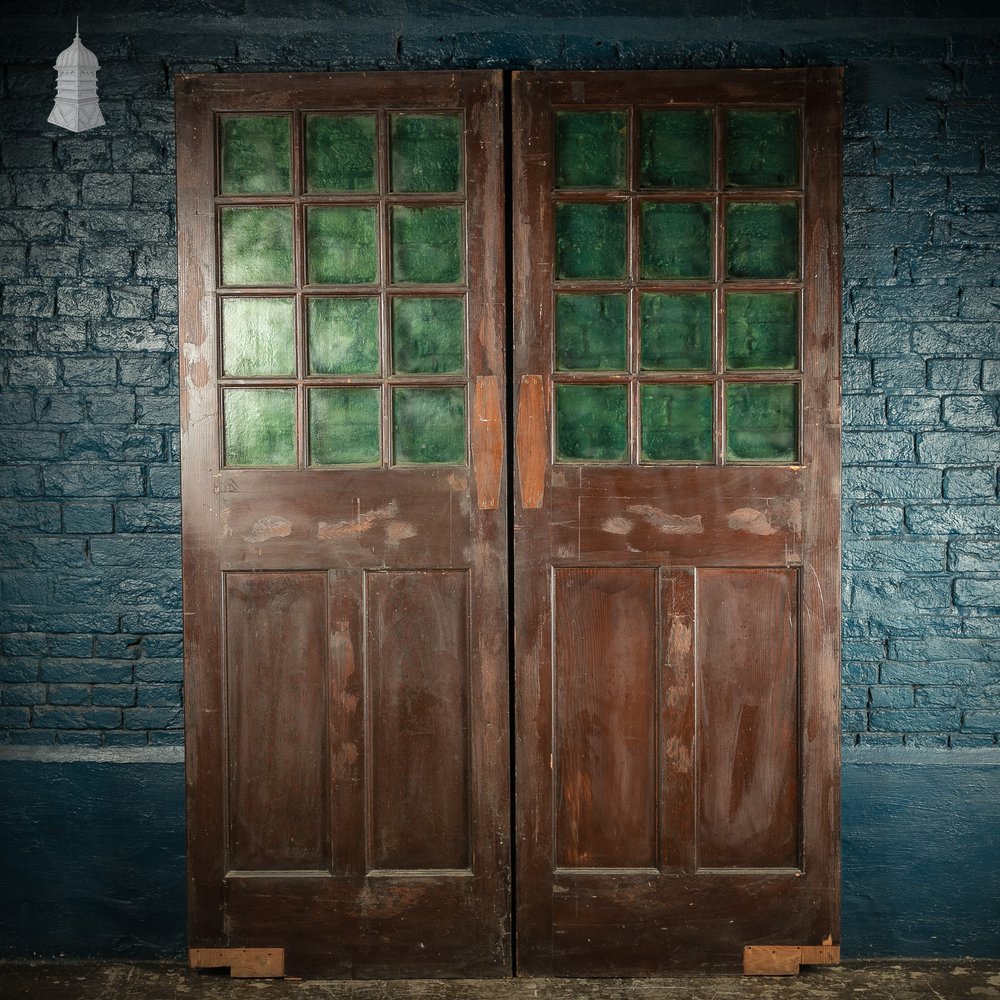 Glazed Double Doors, 19th C Pine with Green Glass