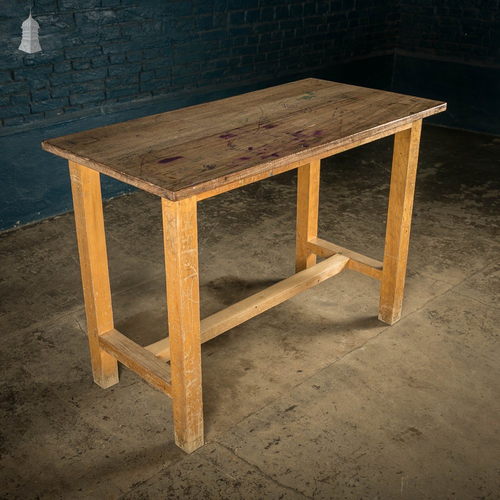 School Workbench Table, Mid Century Beech H Stretcher Base with Iroko Top