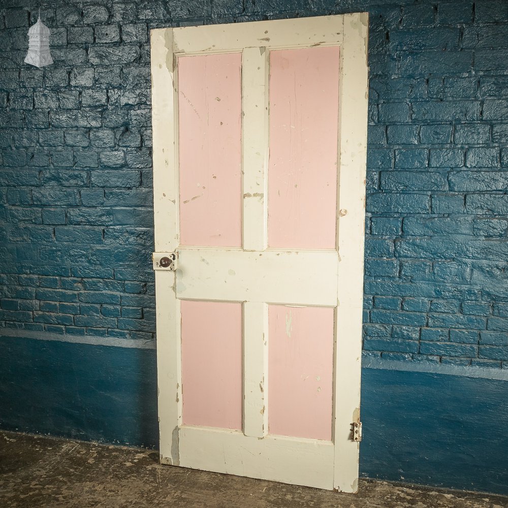 Paneled Internal Door, Pink and Cream Painted Victorian Pine, 4 Panel