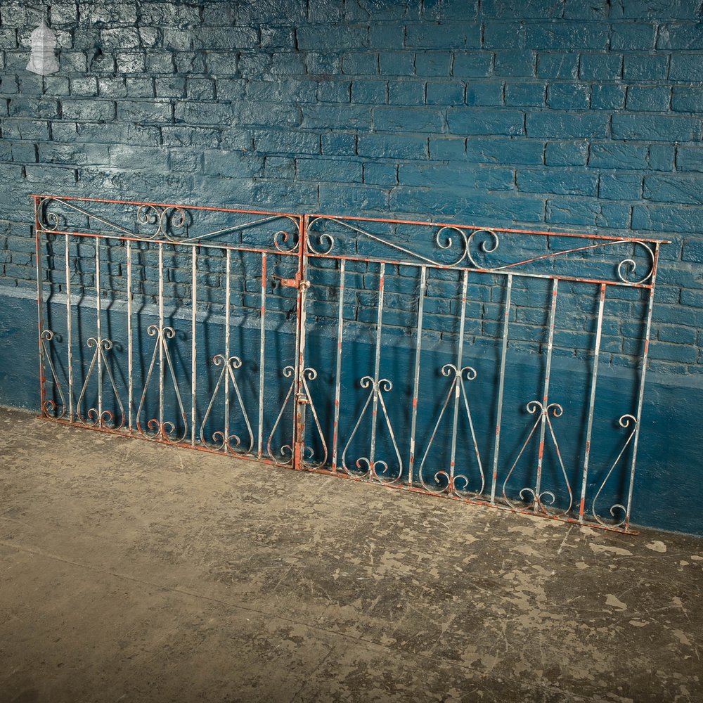 Wrought Iron Driveway Gates, Pair of 20th C Gates with Distressed Paint Finish