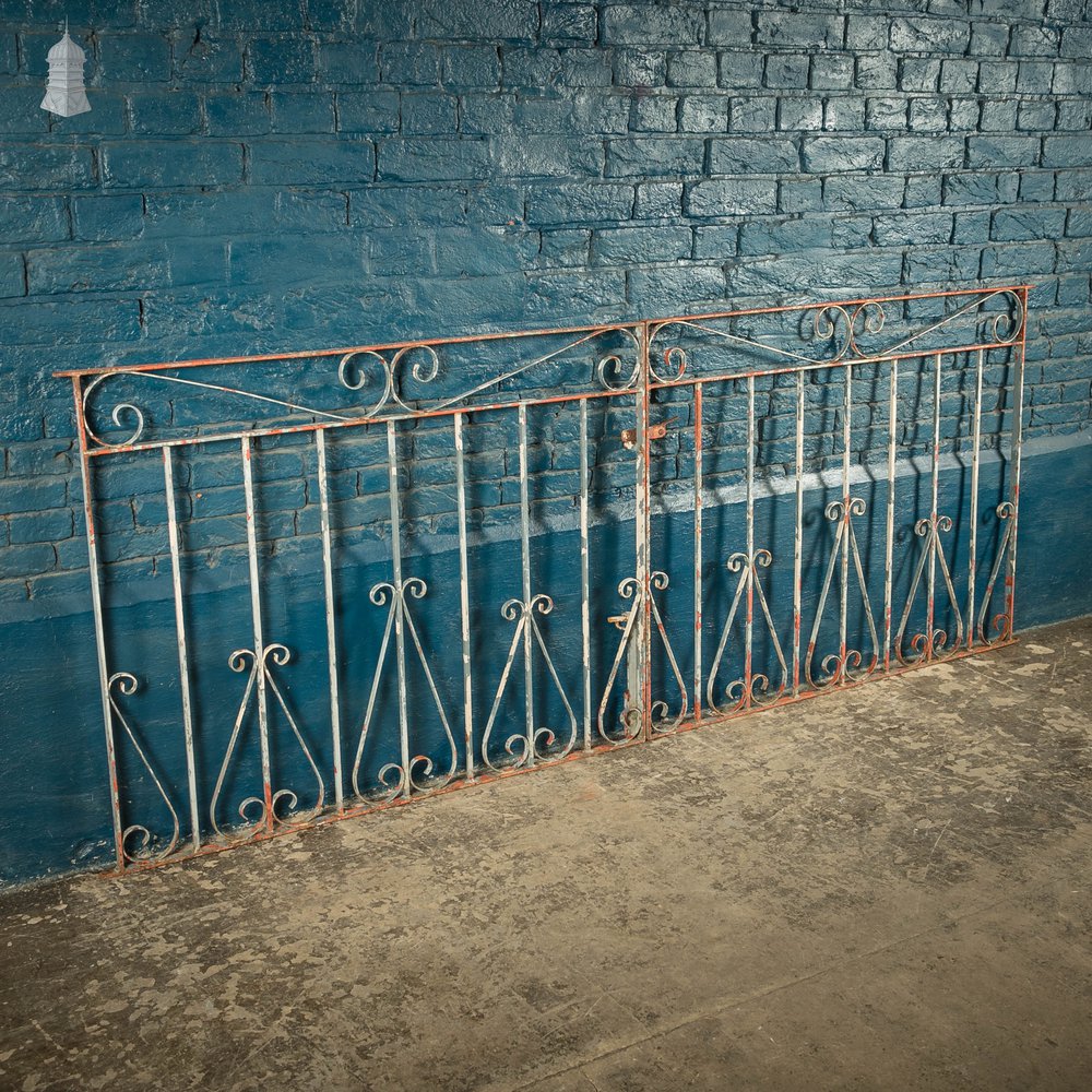 Wrought Iron Driveway Gates, Pair of 20th C Gates with Distressed Paint Finish