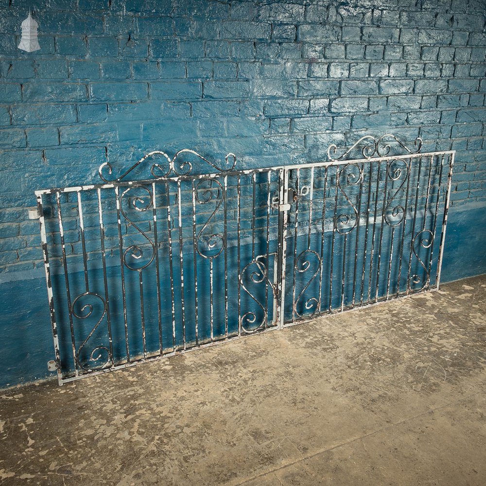 Wrought Iron Driveway Gates, Pair of 20th C Gates with Distressed Painted Finish