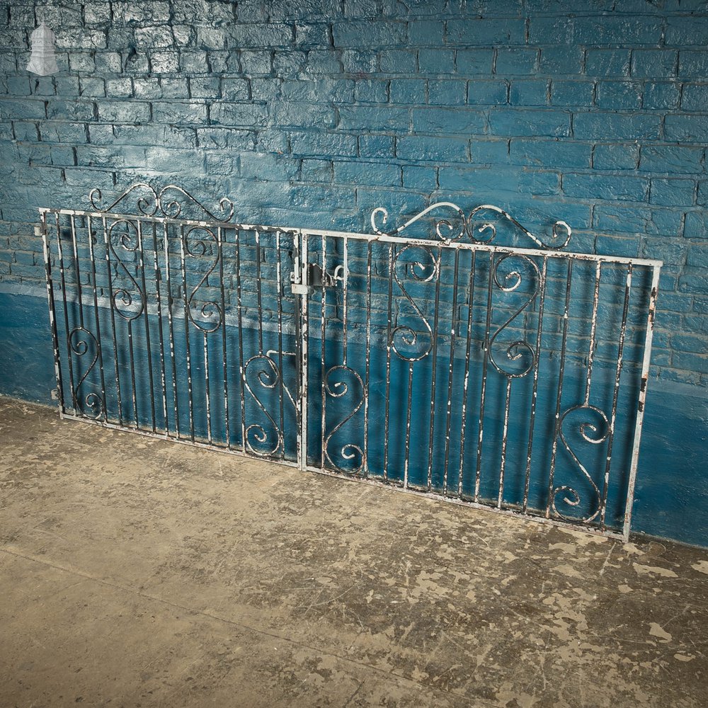 Wrought Iron Driveway Gates, Pair of 20th C Gates with Distressed Painted Finish