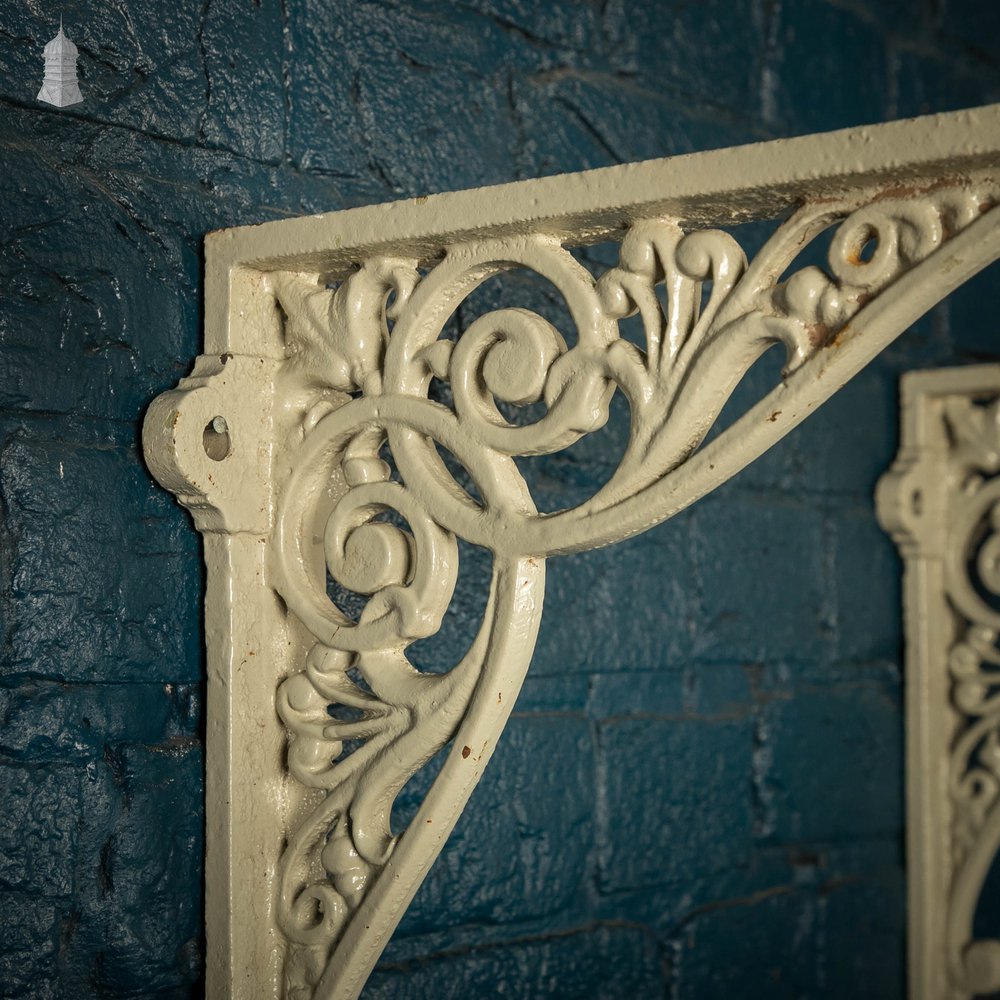 Decorative Wall Brackets, Pair of Cast Iron White Painted Shelf Brackets