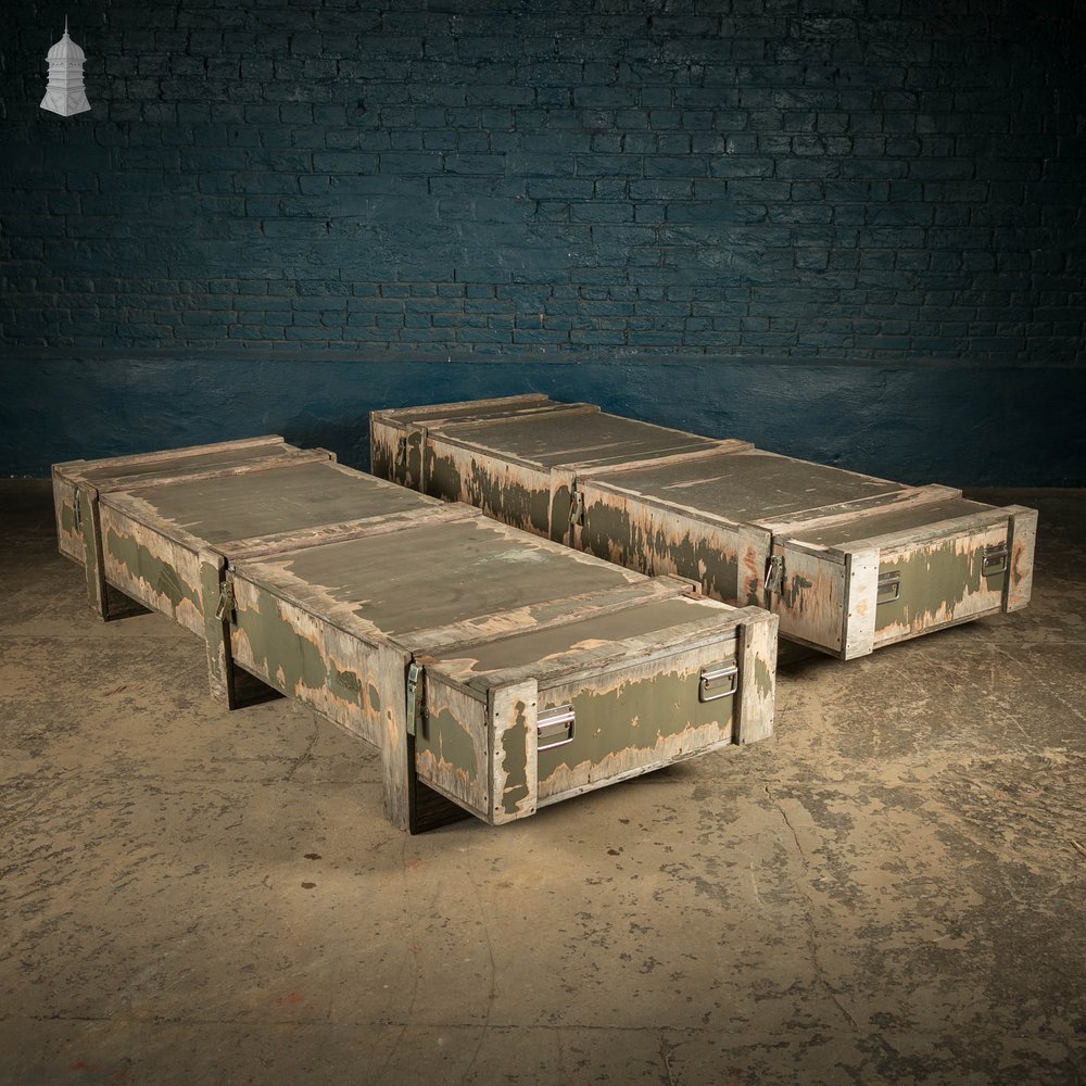 Military Shipping Crates, Pair of Green Painted Wooden Aircraft Part Shipping Boxes Reclaimed from a Norfolk RAF Base